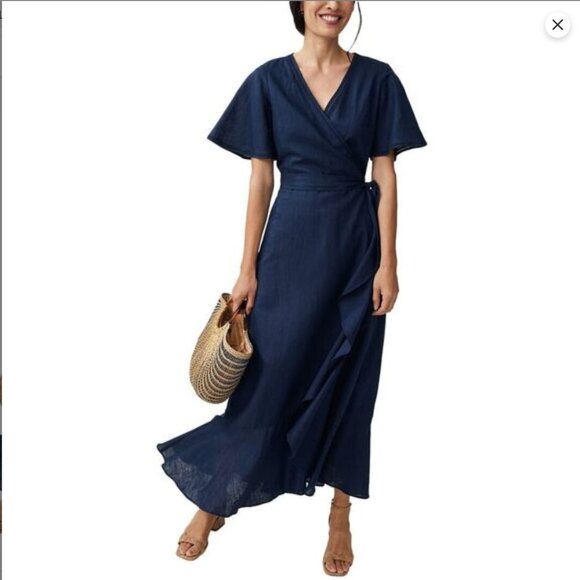 J. McLaughlin Dresses & Skirts - J.McLaughlin Aurora Linen Blend Navy True Wrap Dress Women’s Medium